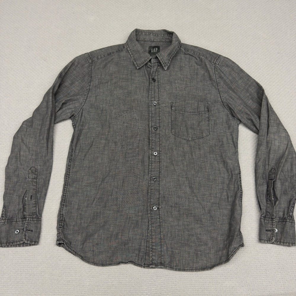 Vtg Gap Shirt Mens Medium Black Chambray Denim Minimalist Pocket Casual